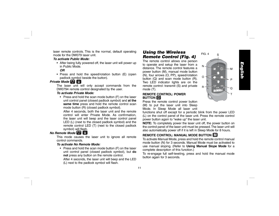 DeWalt DW079 instruction manual Using the Wireless Remote Control Fig 