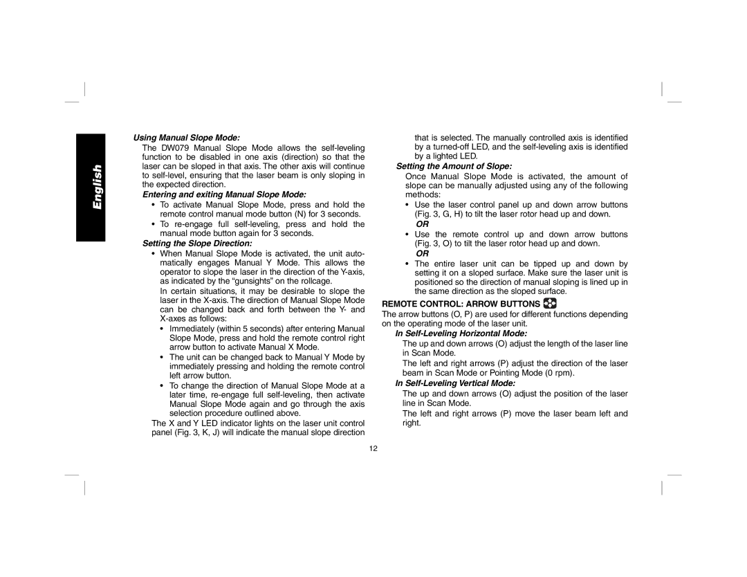 DeWalt DW079 Using Manual Slope Mode, Entering and exiting Manual Slope Mode, Setting the Slope Direction 