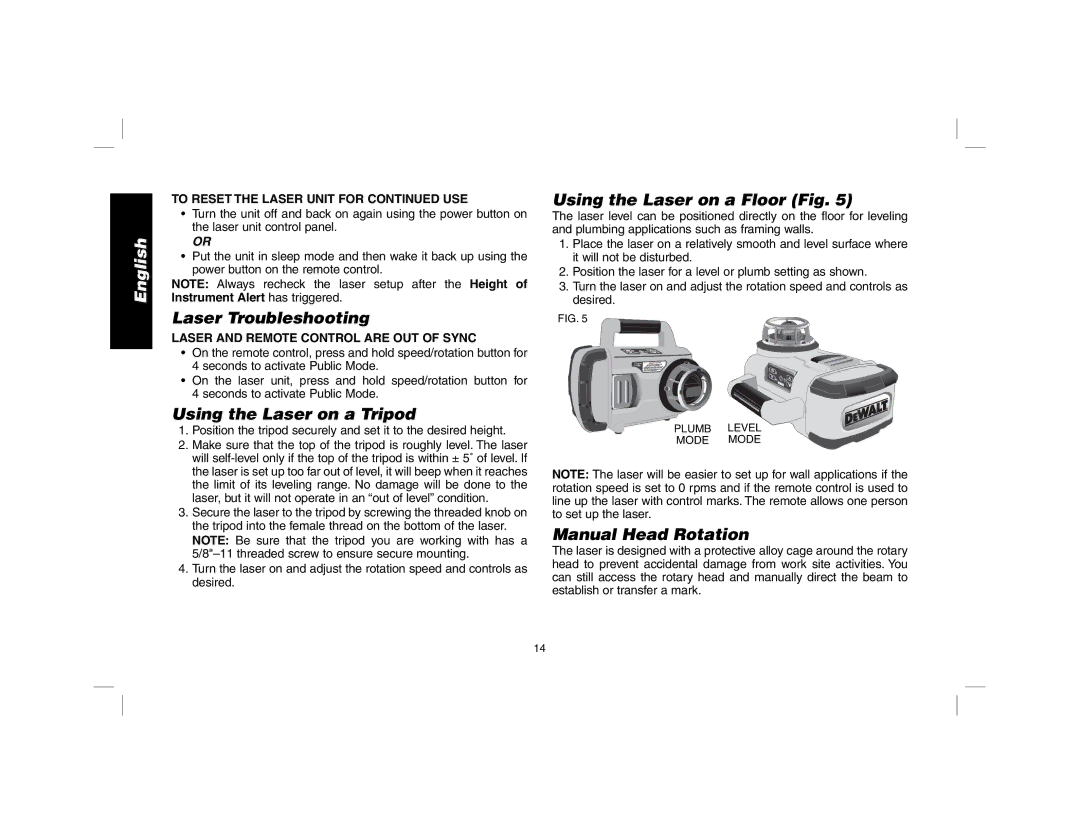 DeWalt DW079 Laser Troubleshooting, Using the Laser on a Tripod, Using the Laser on a Floor Fig, Manual Head Rotation 