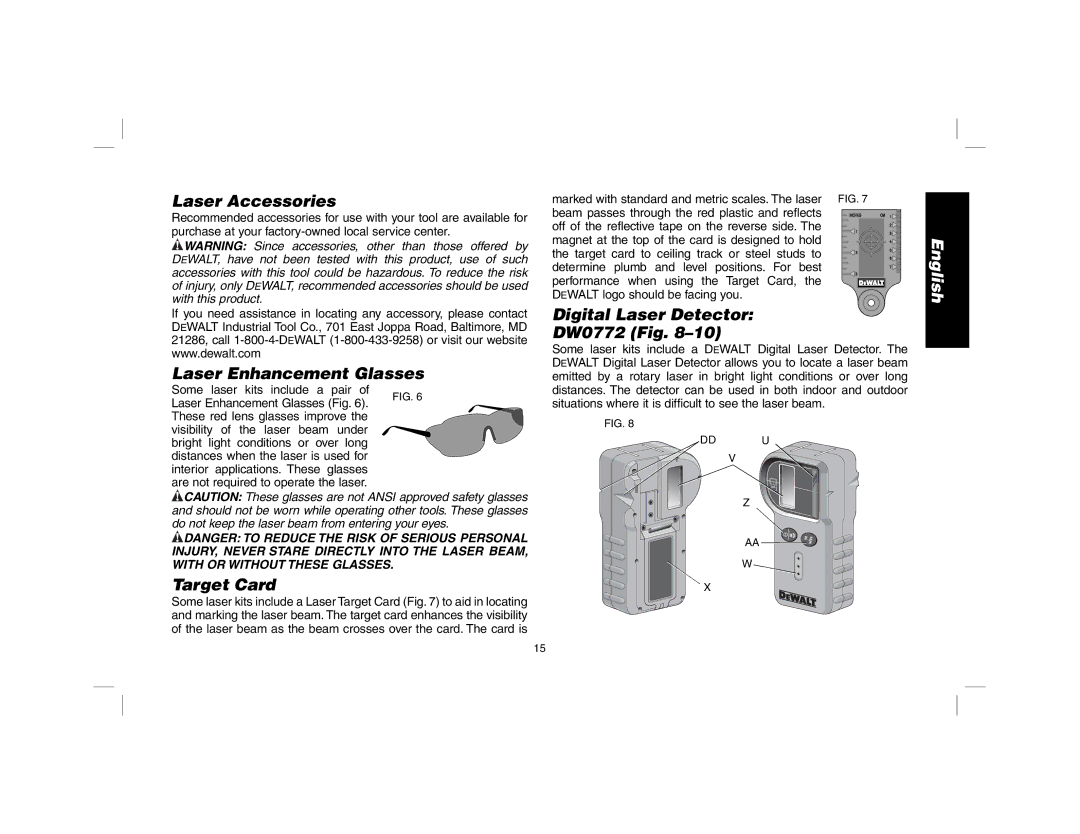 DeWalt DW079 Laser Accessories, Laser Enhancement Glasses, Digital Laser Detector DW0772 Fig, Target Card 