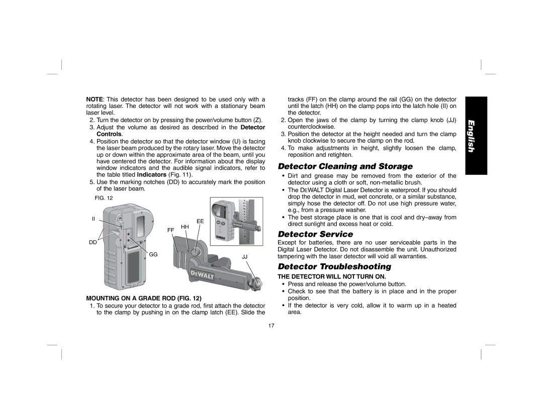 DeWalt DW079 Detector Cleaning and Storage, Detector Service, Detector Troubleshooting, Mounting on a Grade ROD FIG 