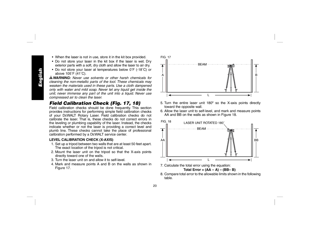 DeWalt DW079 instruction manual Field Calibration Check, Level Calibration Check X-AXIS 