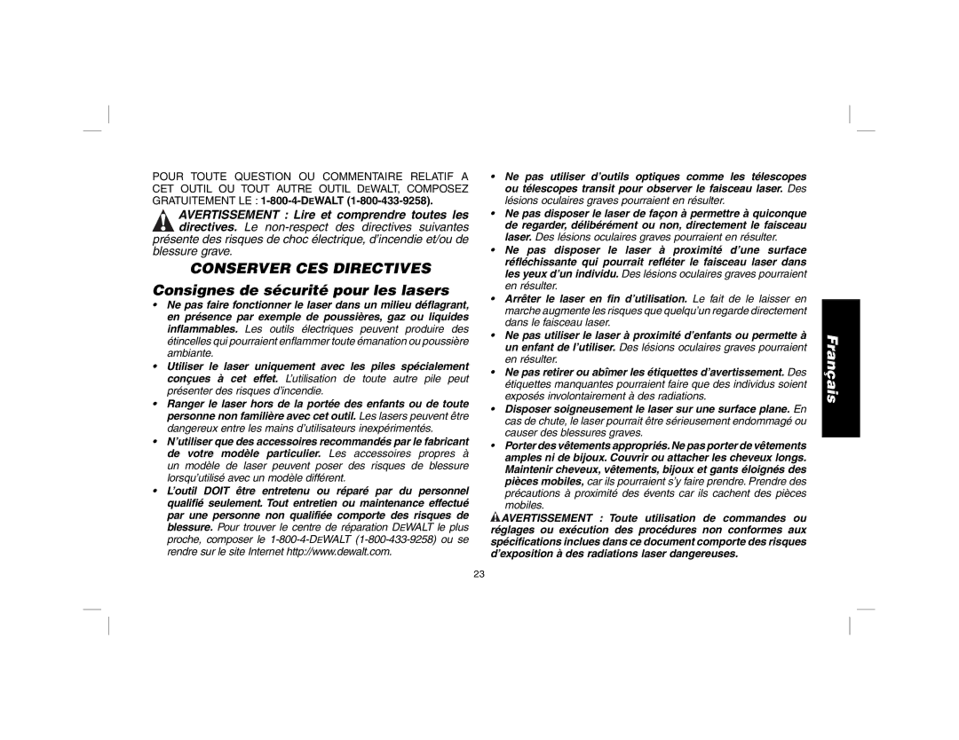 DeWalt DW079 instruction manual Conserver CES Directives, Consignes de sécurité pour les lasers 