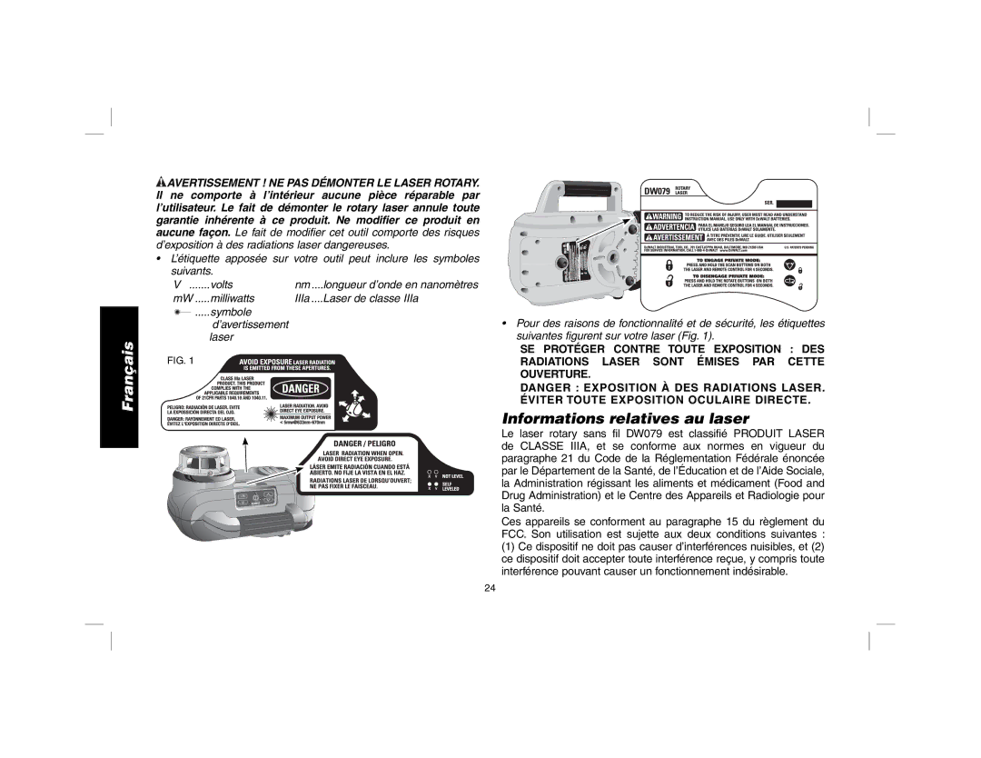 DeWalt DW079 instruction manual Informations relatives au laser 