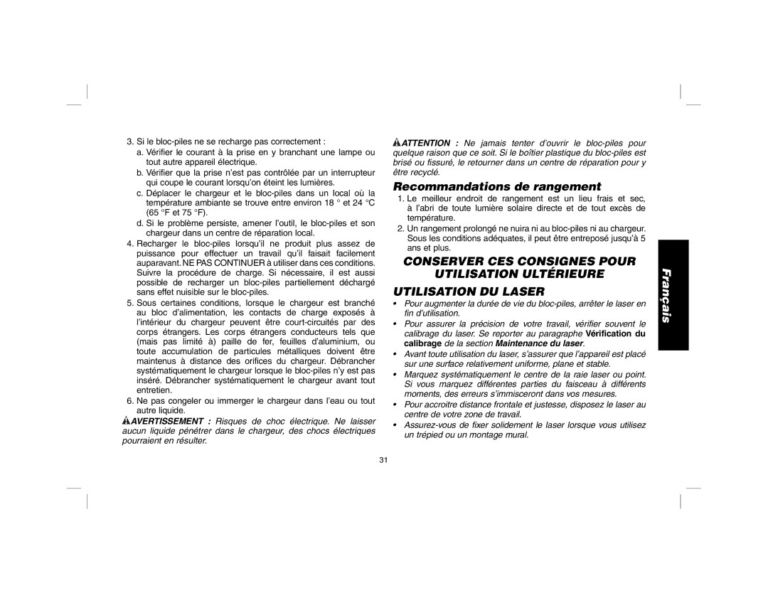 DeWalt DW079 instruction manual Recommandations de rangement 