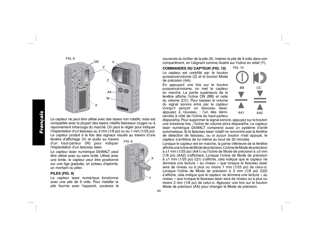 DeWalt DW079 instruction manual Piles FIG, Commandes DU Capteur FIG 