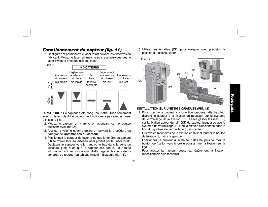 DeWalt DW079 instruction manual Fonctionnement du capteur ﬁg, Installation SUR UNE Tige Graduée FIG 