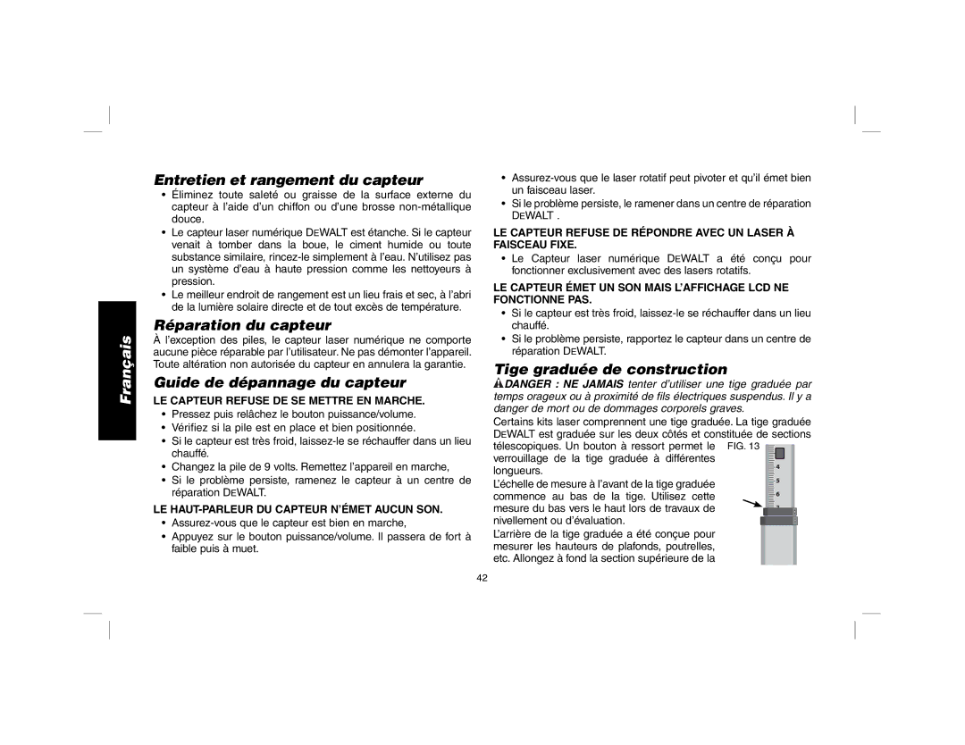 DeWalt DW079 instruction manual Entretien et rangement du capteur, Réparation du capteur, Guide de dépannage du capteur 