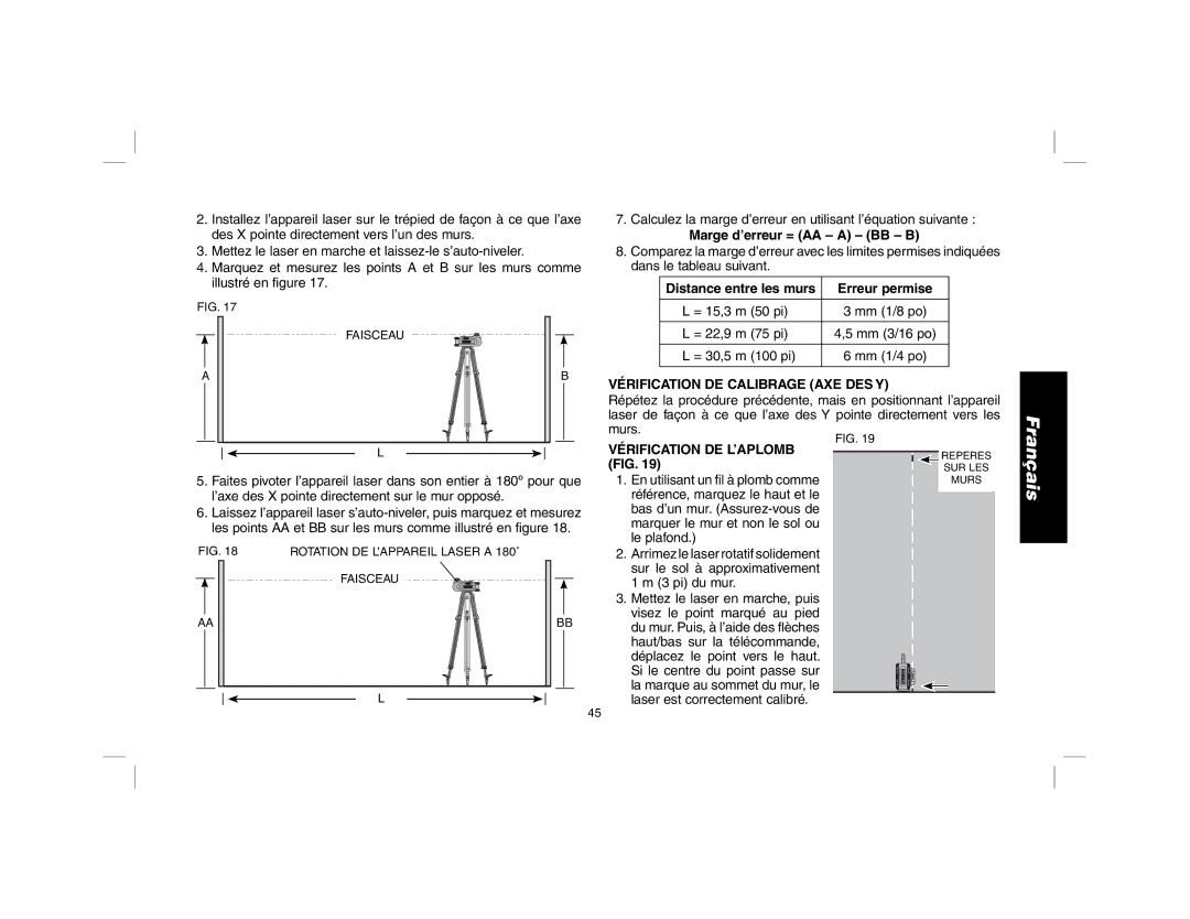 DeWalt DW079 instruction manual Vérification DE Calibrage AXE DES Y, Vérification DE L’APLOMB 