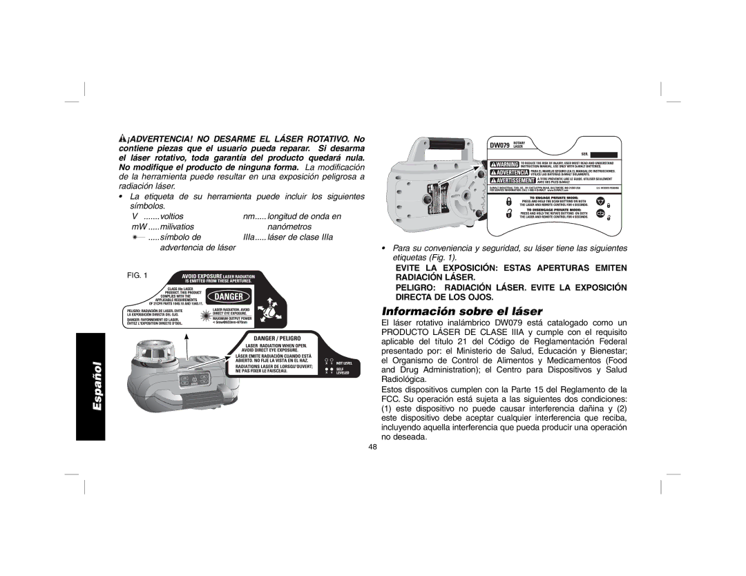 DeWalt DW079 instruction manual Información sobre el láser 