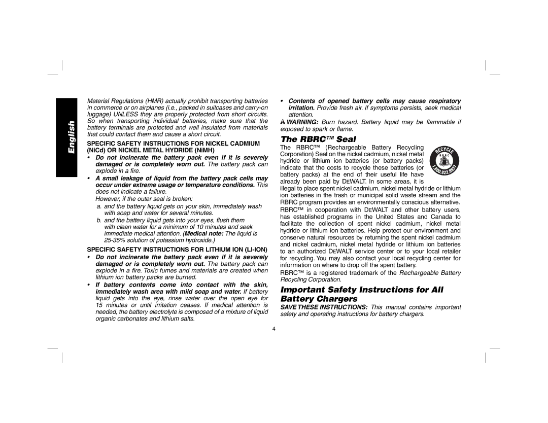 DeWalt DW079 instruction manual Rbrc Seal, Important Safety Instructions for All Battery Chargers 