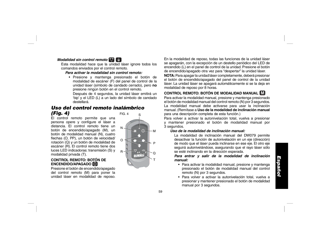 DeWalt DW079 Uso del control remoto inalámbrico, Modalidad sin control remoto, Uso de la modalidad de inclinación manual 