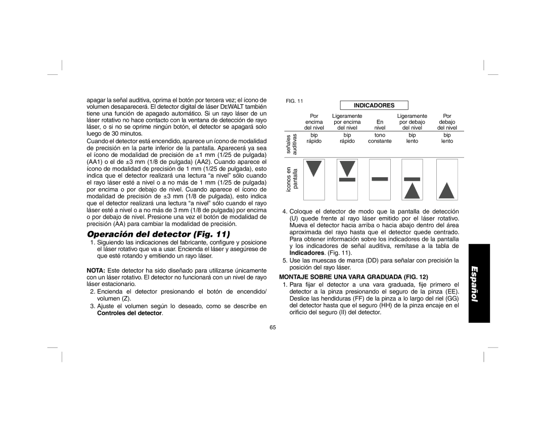 DeWalt DW079 instruction manual Operación del detector Fig, Montaje Sobre UNA Vara Graduada FIG 