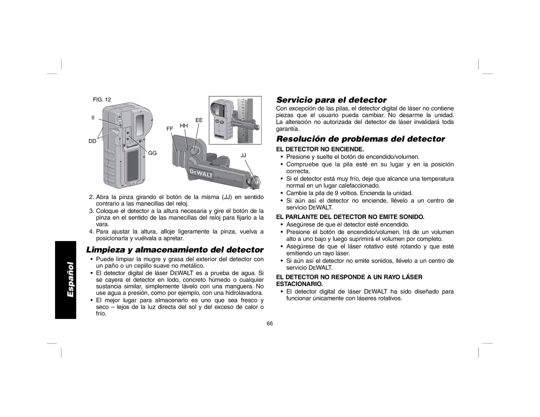 DeWalt DW079 Limpieza y almacenamiento del detector, Servicio para el detector, Resolución de problemas del detector 