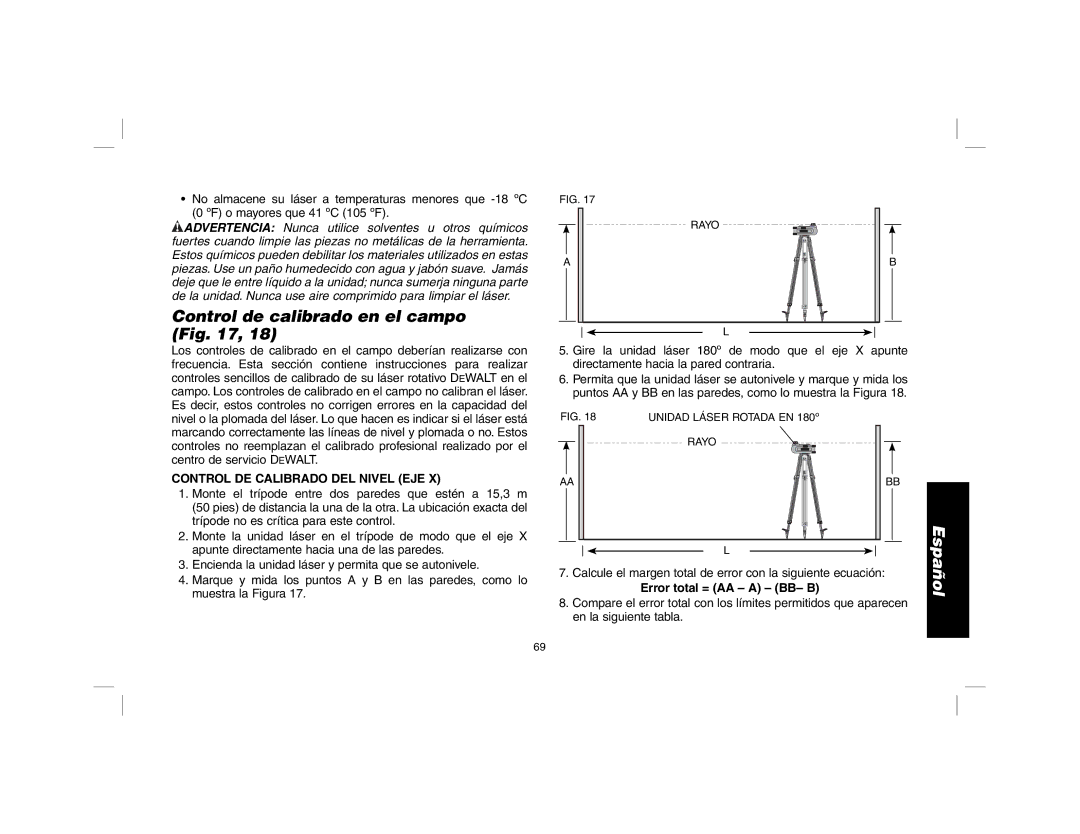 DeWalt DW079 instruction manual Control de calibrado en el campo, Control DE Calibrado DEL Nivel EJE 