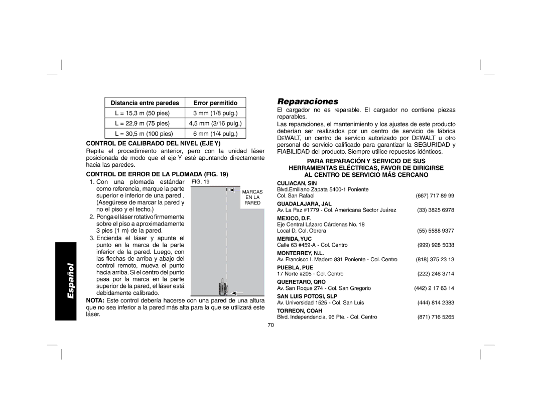 DeWalt DW079 instruction manual Reparaciones, Control DE Calibrado DEL Nivel EJE Y, Control DE Error DE LA Plomada FIG 