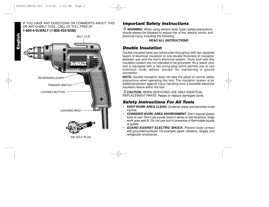 DeWalt DW100-220 manual Important Safety Instructions, Double Insulation, Safety Instructions For All Tools 