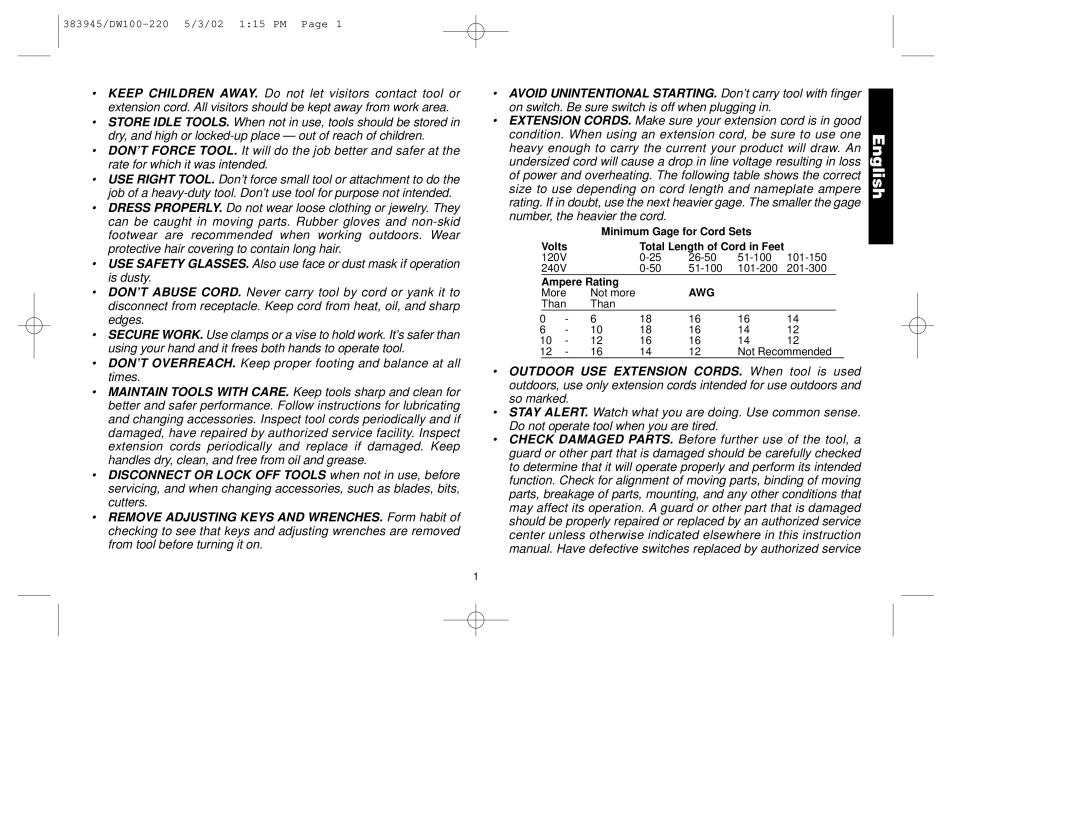 DeWalt DW100-220 manual Awg 