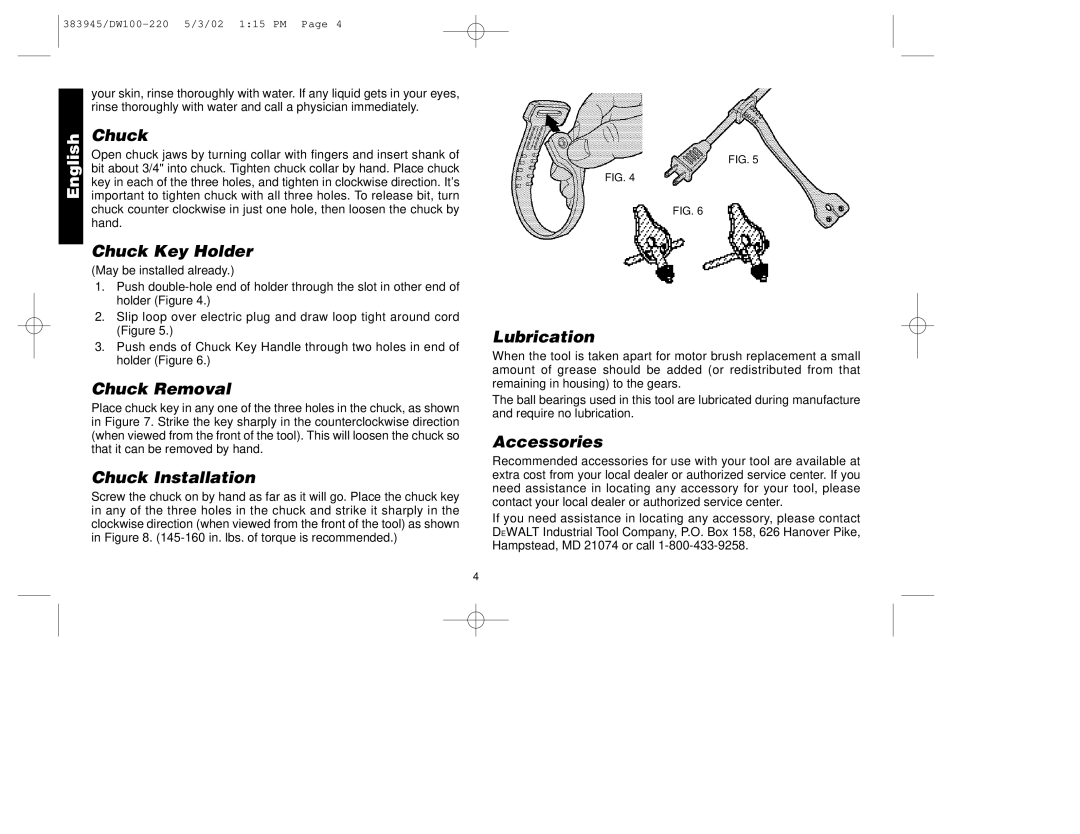 DeWalt DW100-220 manual Chuck Key Holder, Chuck Removal, Chuck Installation, Lubrication, Accessories 