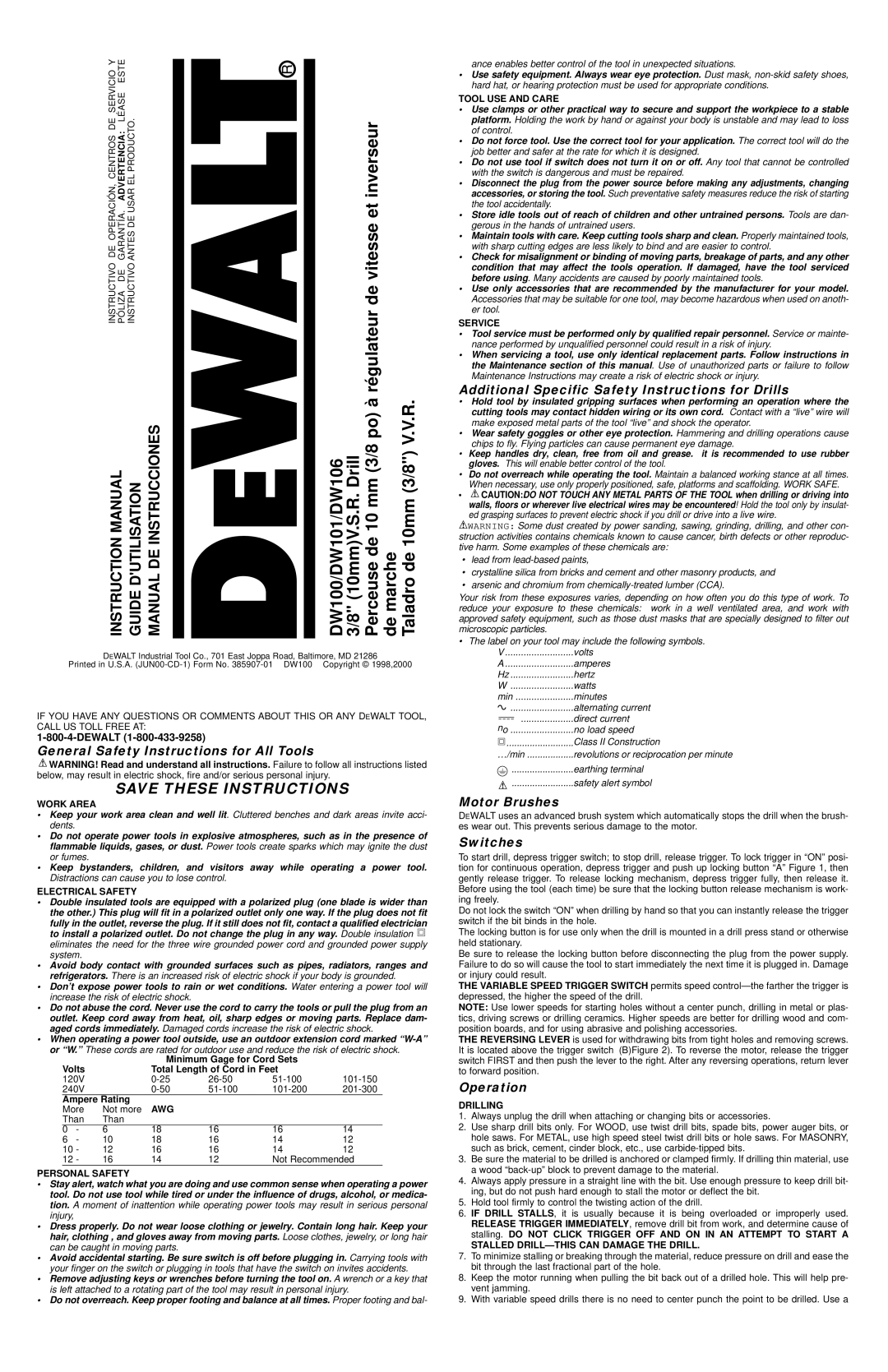 DeWalt DW101 instruction manual General Safety Instructions for All Tools, Motor Brushes, Switches, Operation 