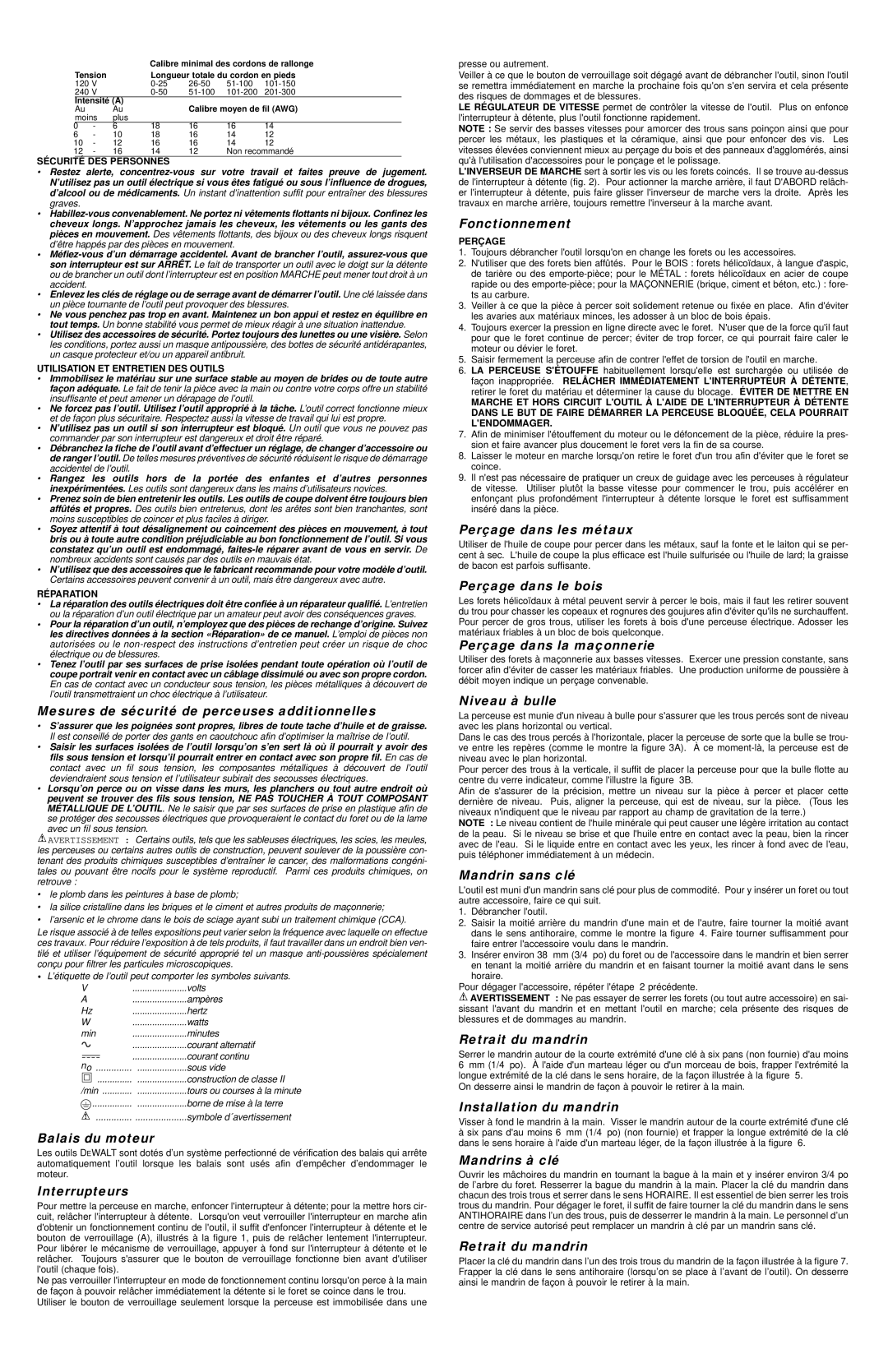 DeWalt DW101 Mesures de sécurité de perceuses additionnelles, Balais du moteur, Interrupteurs, Fonctionnement 