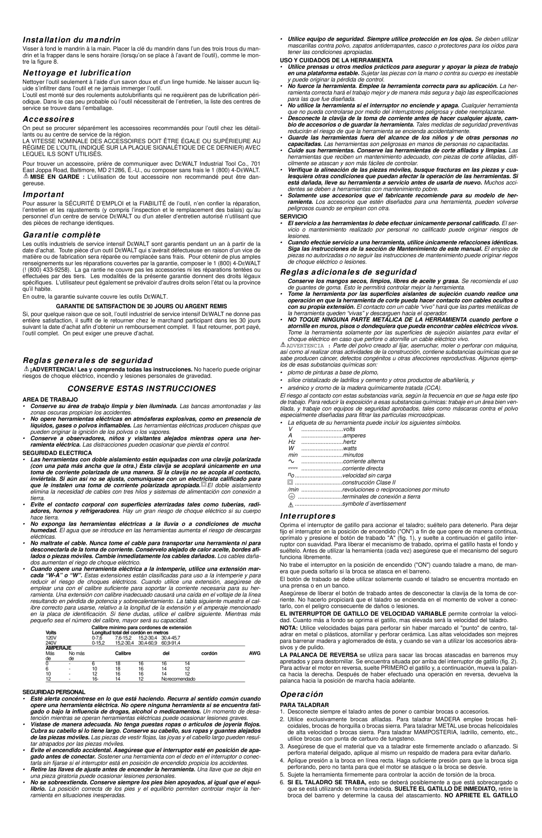 DeWalt DW101 Nettoyage et lubrification, Accessoires, Garantie complète, Reglas generales de seguridad, Interruptores 