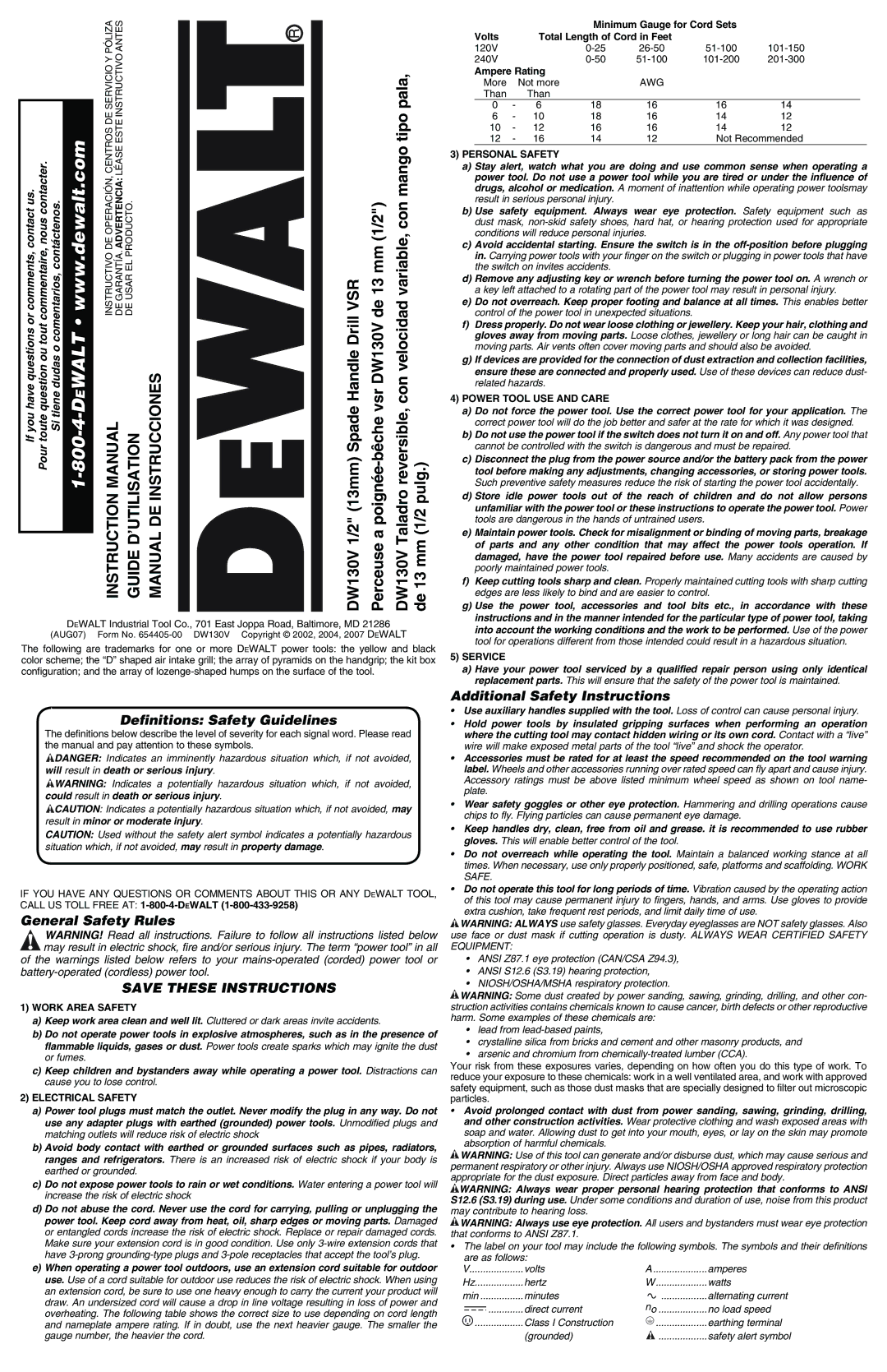 DeWalt DW130V instruction manual Definitions Safety Guidelines, General Safety Rules, Additional Safety Instructions 