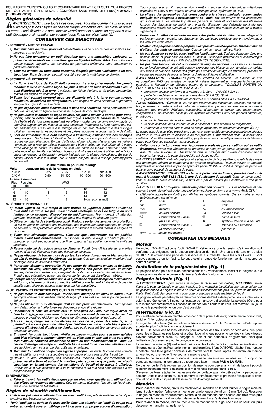 DeWalt DW130V instruction manual Conserver CES Directives, Conserver CES Mesures 