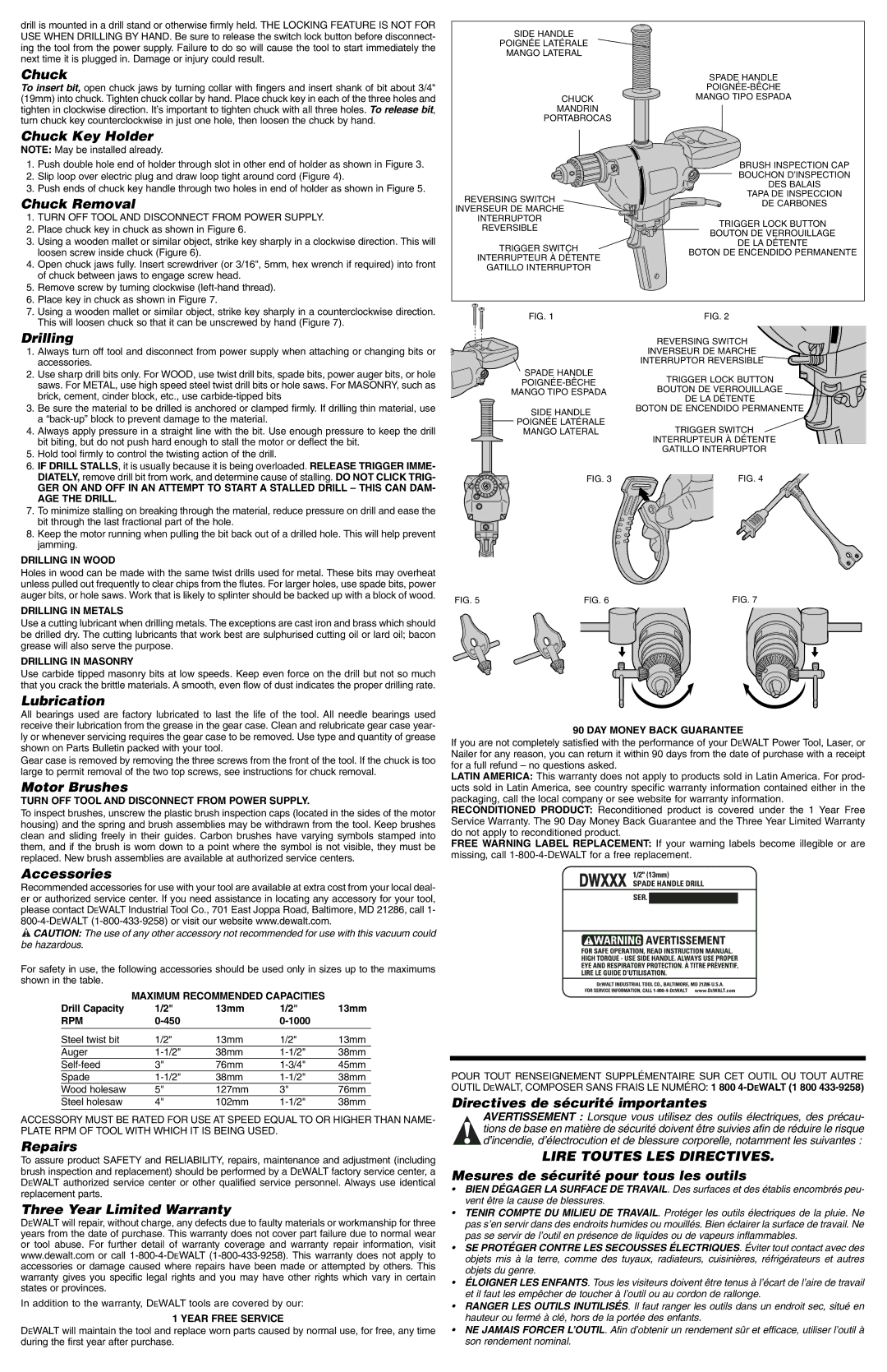 DeWalt DW131, DW132 Chuck Key Holder, Chuck Removal, Drilling, Lubrication, Motor Brushes, Accessories, Repairs 