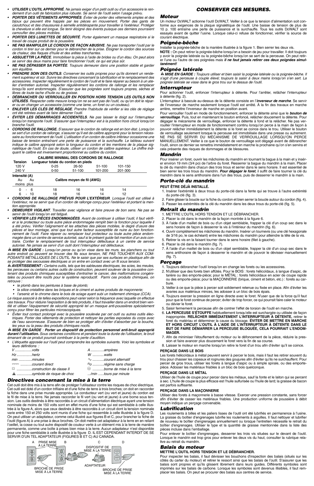 DeWalt DW132 Directives concernant la mise à la terre, Moteur, Poignée-bêche, Poignée latérale, Interrupteur, Mandrin 