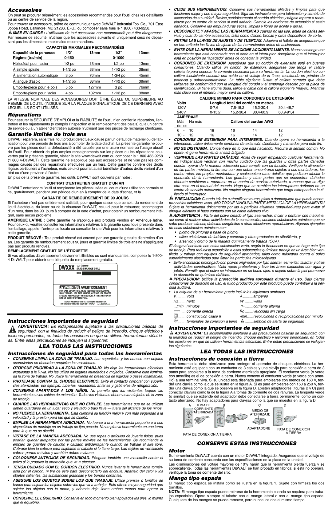 DeWalt DW131, DW132 Accessoires, Réparations, Garantie limitée de trois ans, Instrucciones importantes de seguridad 