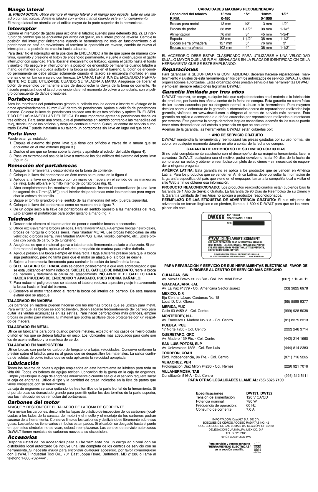 DeWalt DW132, DW131 Mango lateral, Interruptor, Portabrocas, Porta llave, Remoción del portabrocas, Taladrado, Lubricación 