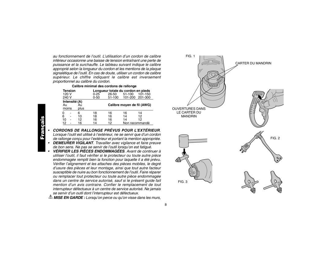 DeWalt DW160, DW161 instruction manual Mise EN Garde Lorsqu’on perce ou qu’on visse dans les murs 