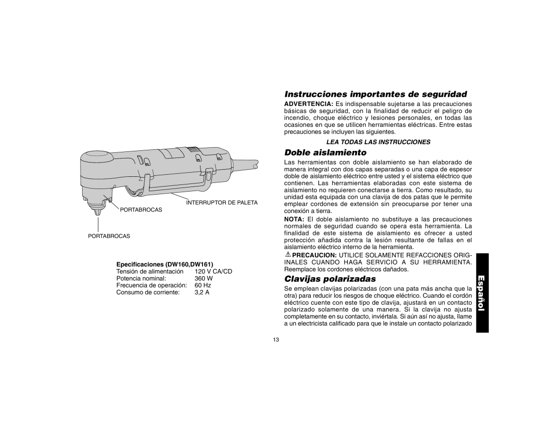 DeWalt Instrucciones importantes de seguridad, Doble aislamiento, Clavijas polarizadas, Epecificaciones DW160,DW161 