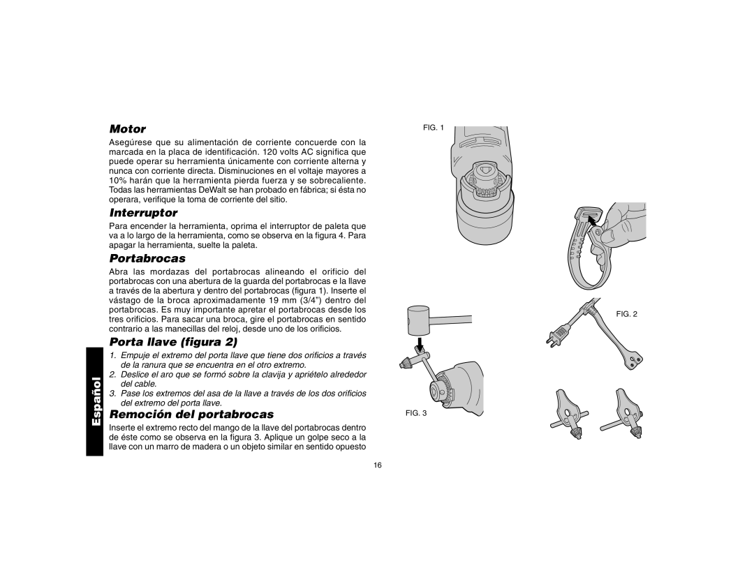 DeWalt DW160, DW161 instruction manual Interruptor, Portabrocas, Porta llave figura, Remoción del portabrocas 