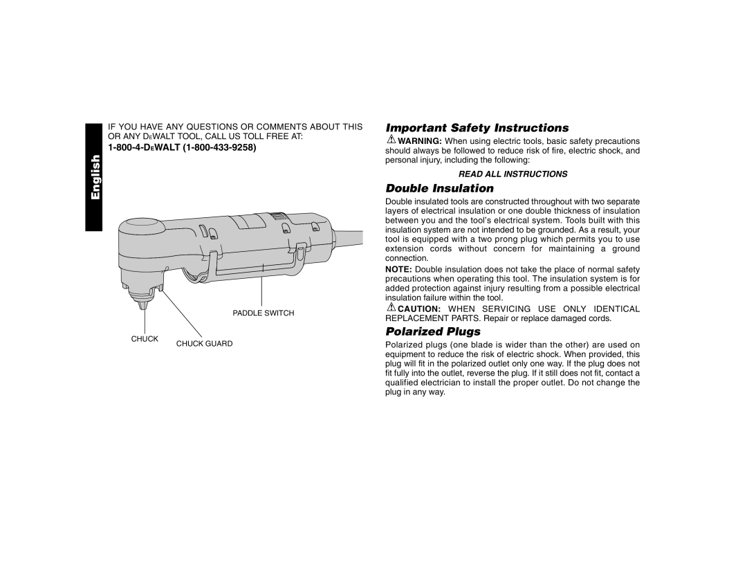 DeWalt DW160, DW161 instruction manual Important Safety Instructions, Double Insulation, Polarized Plugs 