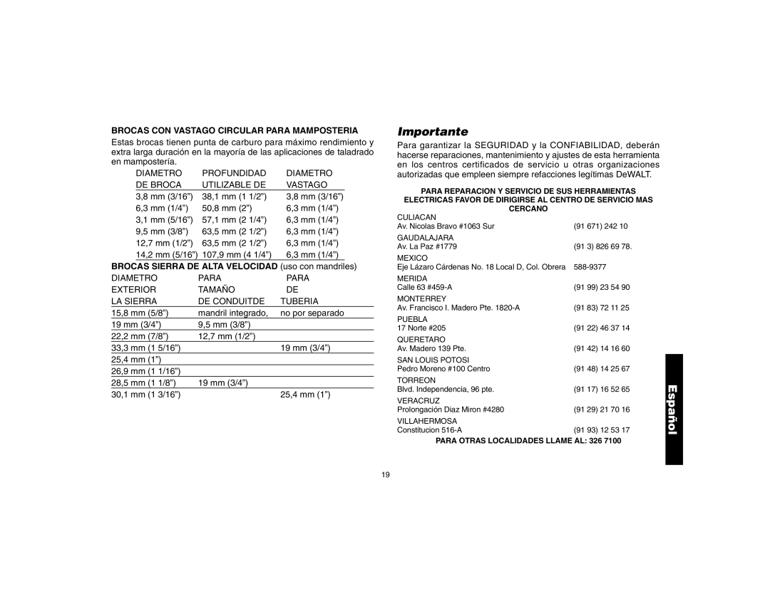 DeWalt DW161 Importante, Brocas CON Vastago Circular Para Mamposteria, Brocas Sierra DE Alta Velocidad uso con mandriles 