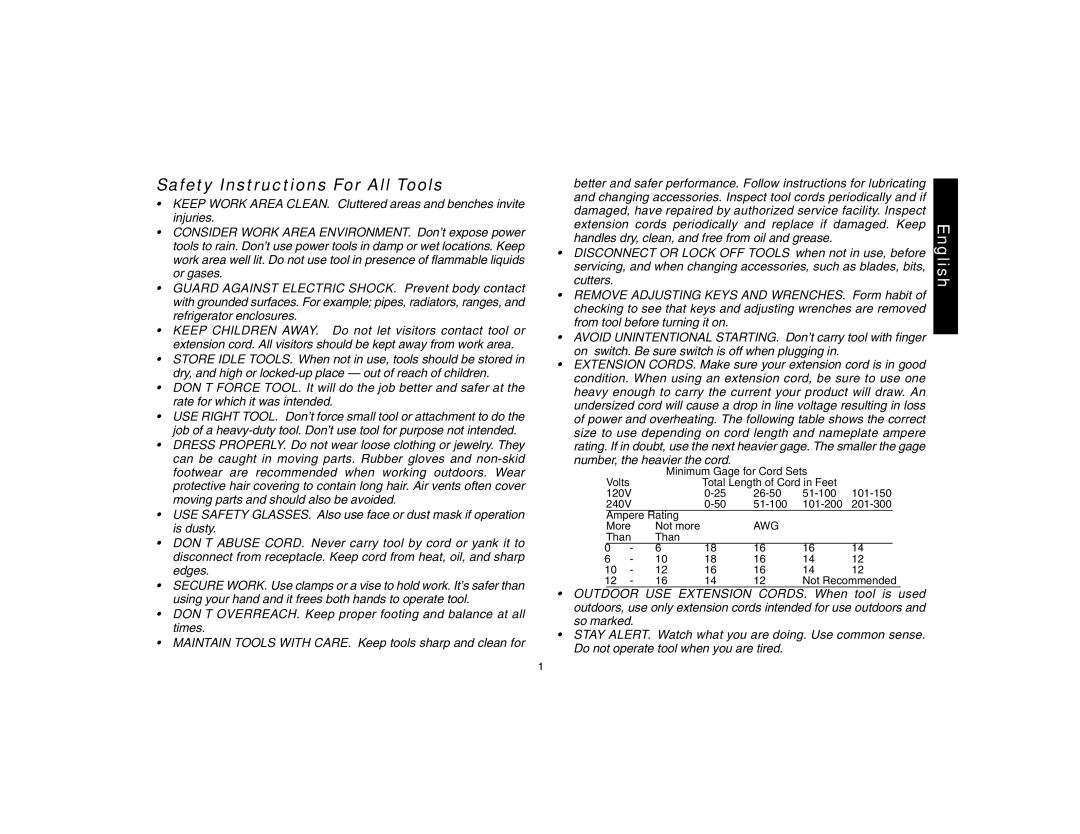 DeWalt DW161, DW160 instruction manual Safety Instructions For All Tools, Number, the heavier the cord 