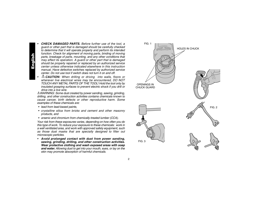 DeWalt DW160, DW161 instruction manual Holes in Chuck Openings Chuck Guard 