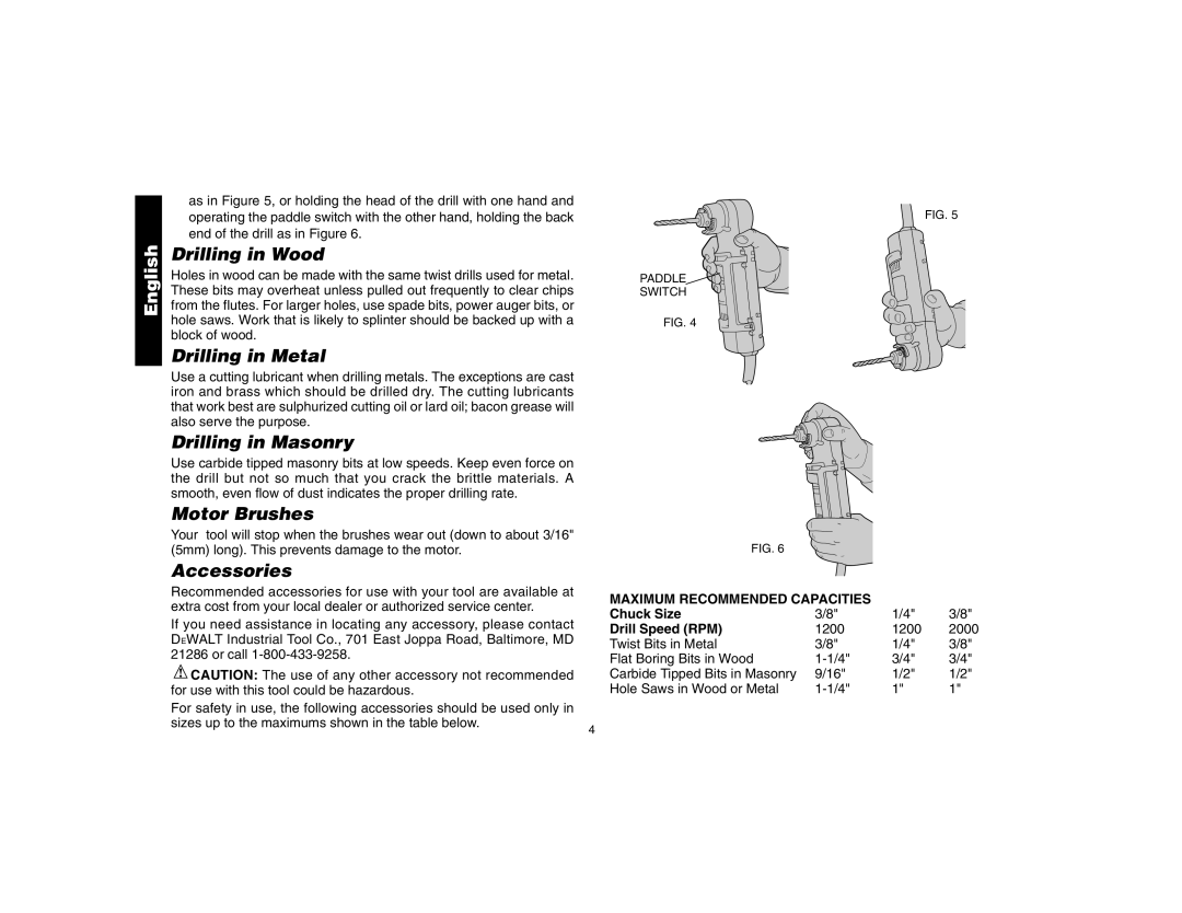 DeWalt DW160, DW161 instruction manual Drilling in Wood, Drilling in Metal, Drilling in Masonry, Motor Brushes, Accessories 