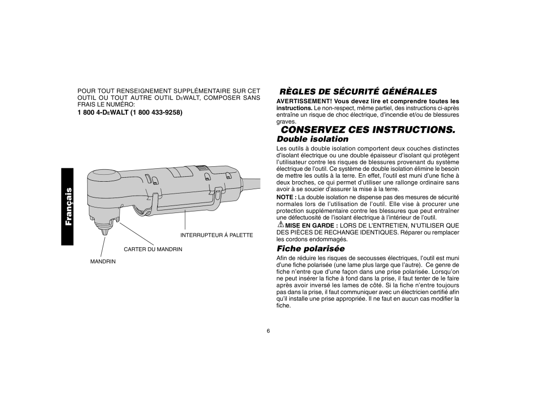 DeWalt DW160, DW161 instruction manual Double isolation, Fiche polarisée 