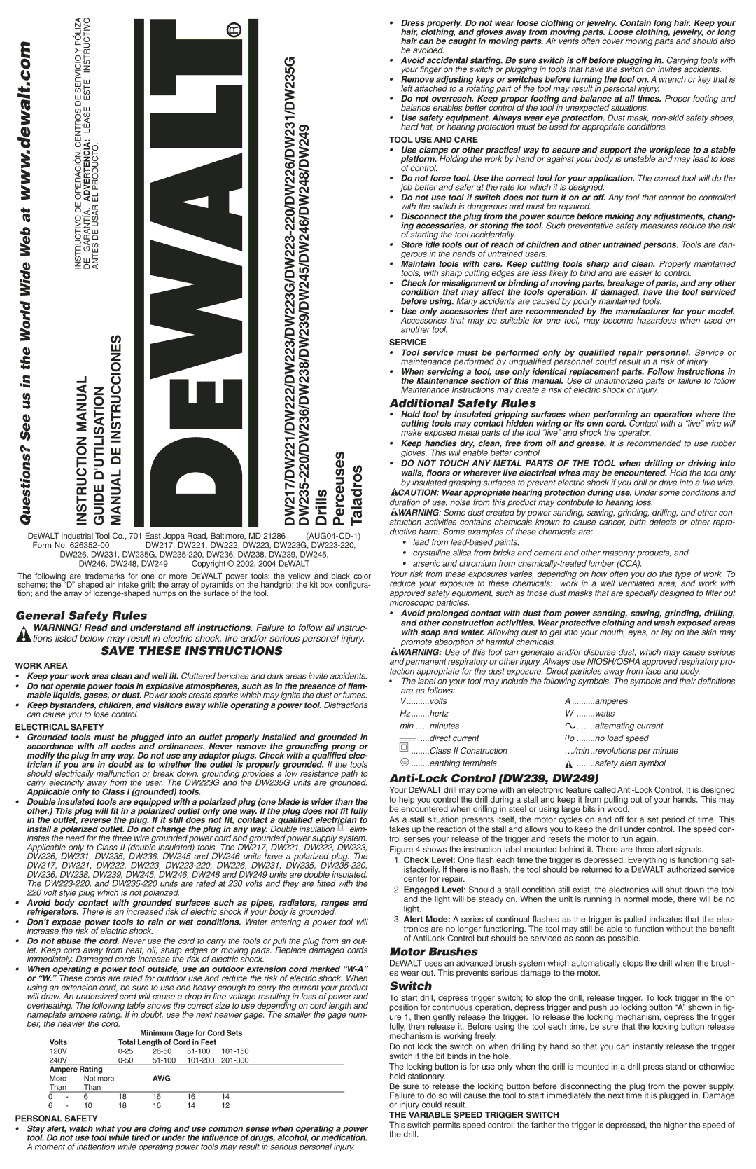 DeWalt DW217 instruction manual General Safety Rules, Additional Safety Rules, Anti-Lock Control DW239, DW249, Switch 