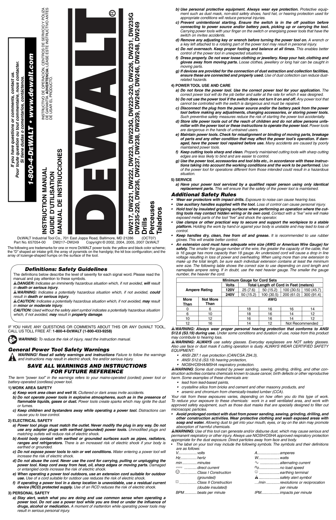 DeWalt DW231 instruction manual Definitions Safety Guidelines, General Power Tool Safety Warnings, Additional Safety Rules 