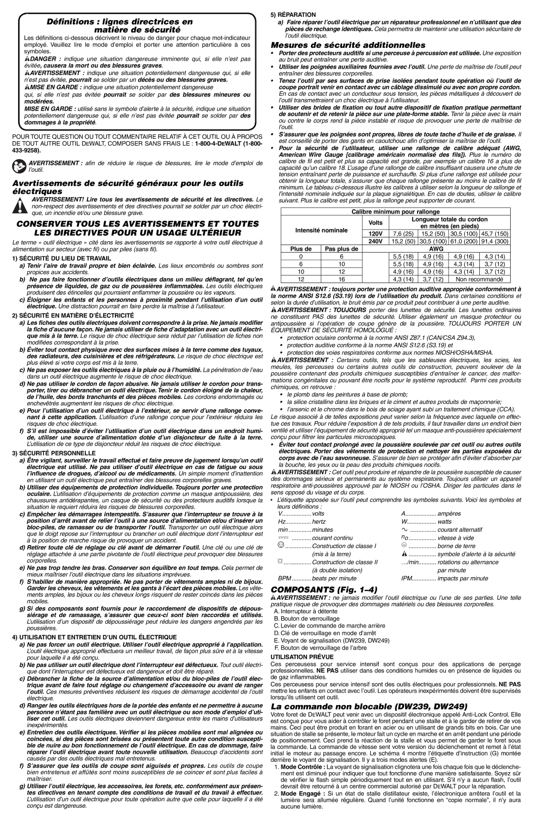 DeWalt DW238 Définitions lignes directrices en matière de sécurité, Mesures de sécurité additionnelles, Composants Fig 