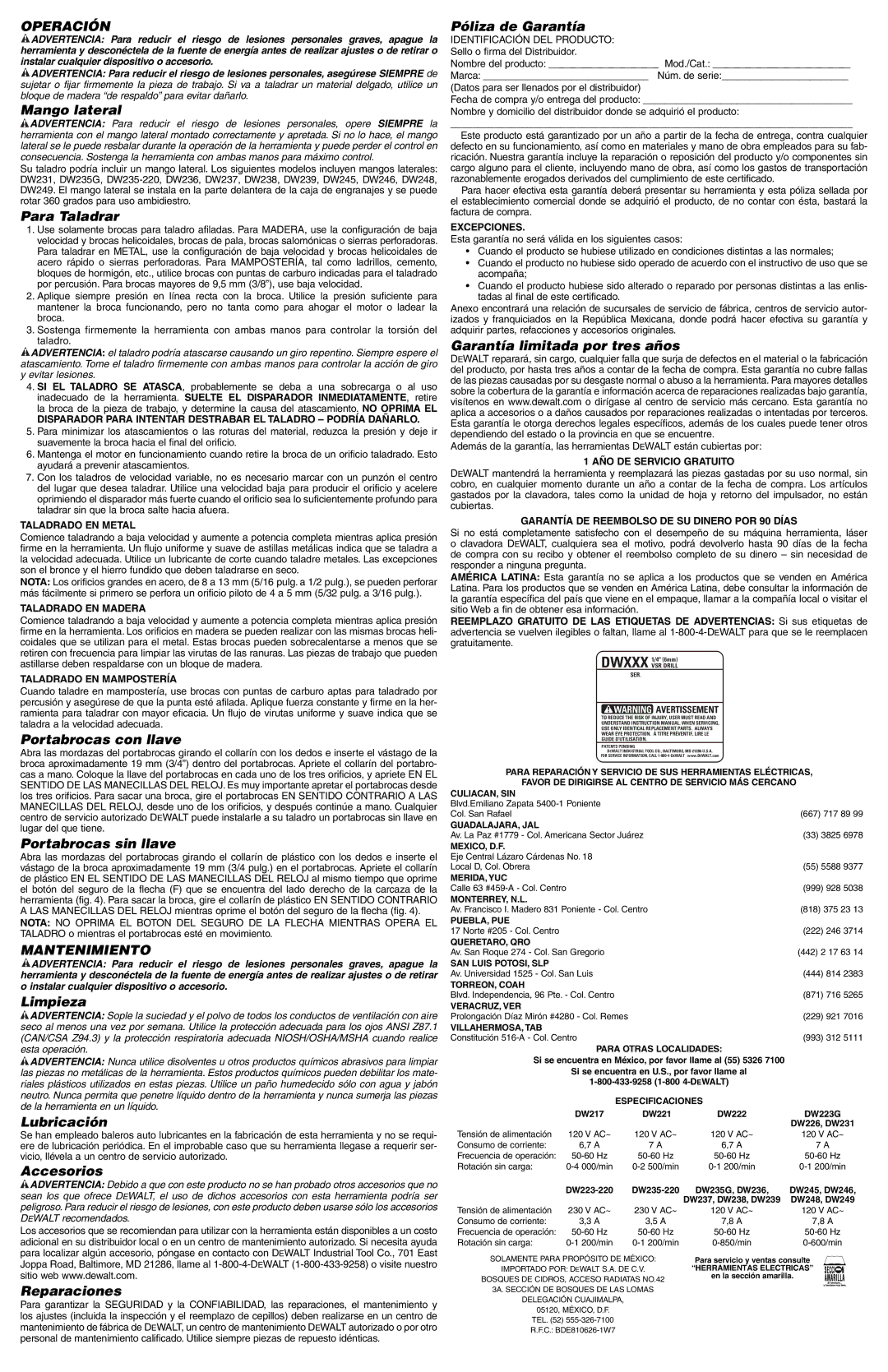 DeWalt DW223G, DW248, DW231, DW238, DW223-220, DW235G, DW246, DW239, DW235-220, DW226, DW245, DW237, DW236 Operación, Mantenimiento 