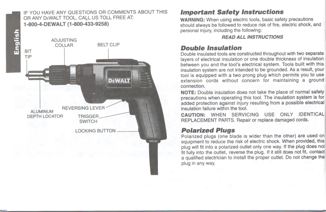 DeWalt DW250/DW270 instruction manual Double Insulation, Polarized Plugs 