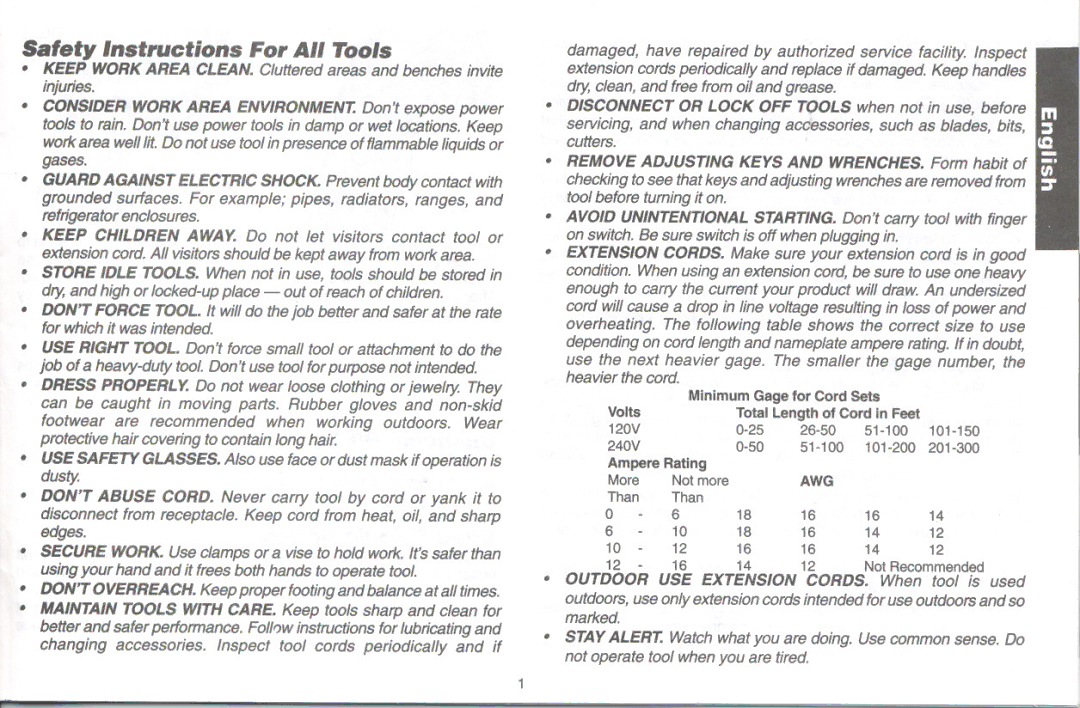 DeWalt DW250/DW270 instruction manual Safety. Instructions For All Tools, Awg 