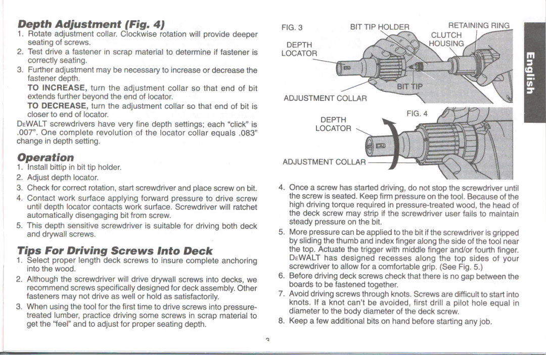 DeWalt DW250/DW270 instruction manual Operation, Tips For Driving Screws Into Deck, Depth Adjustment J, Depth Locator 