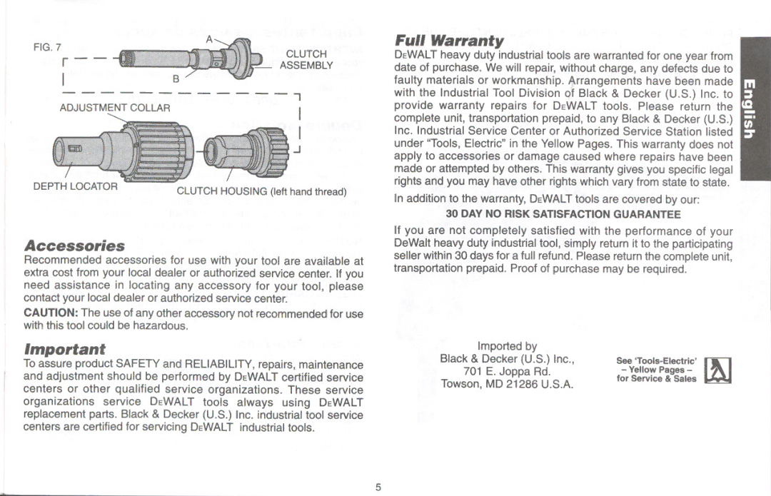 DeWalt DW250/DW270 Full Warranty, Clutch, Assembly, Provide warranty repairs for Dewalt tools. Please return 