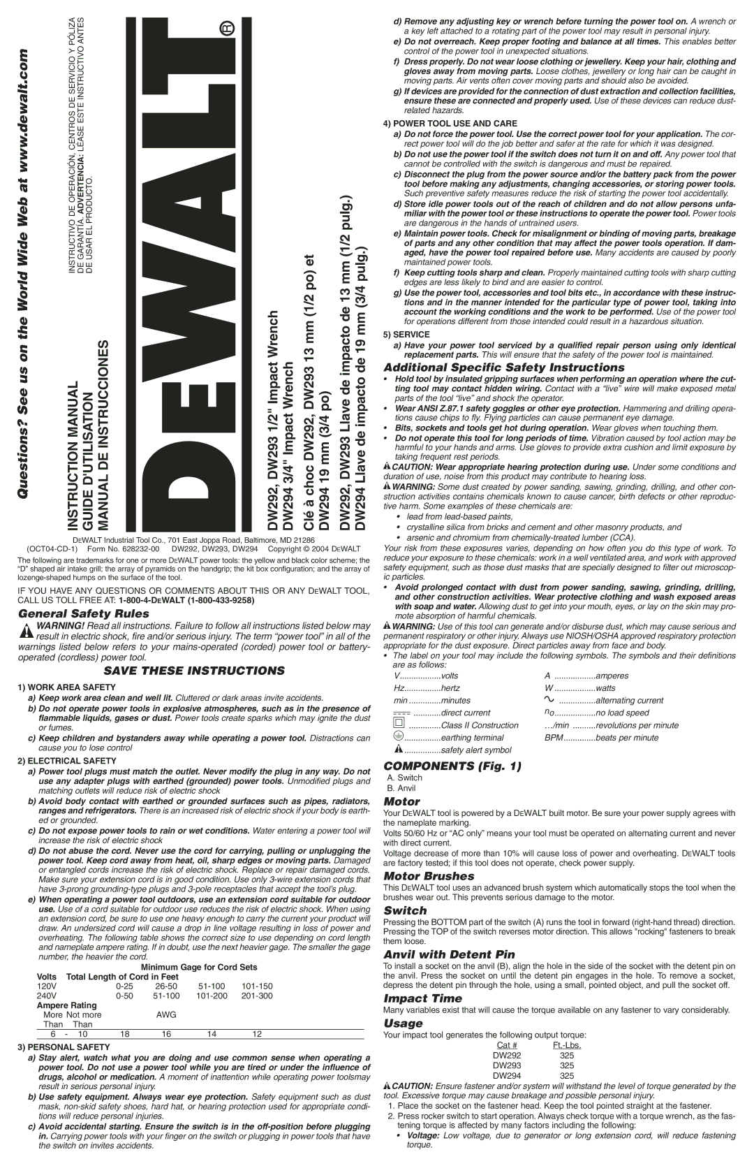 DeWalt DW293 instruction manual General Safety Rules, Additional Specific Safety Instructions, Components Fig, Motor 